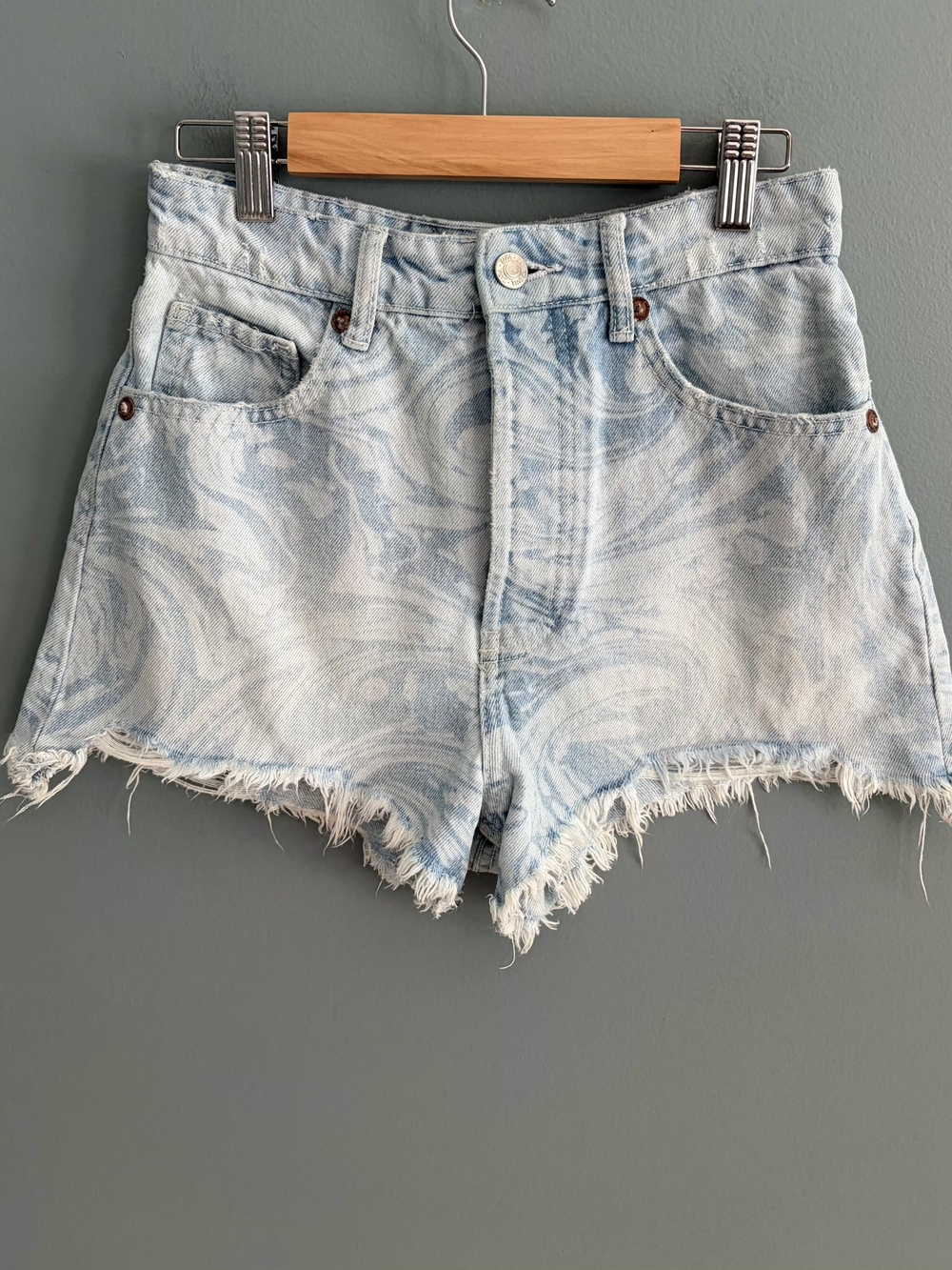 Zara High Rise Swirl Print Denim Cutoff Shorts Frayed Hem 2